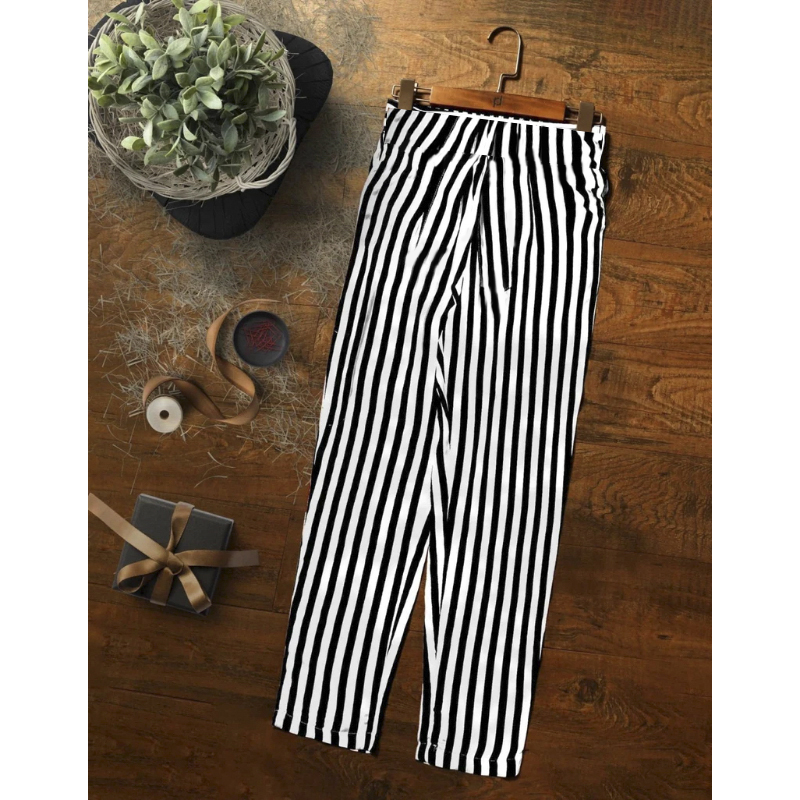 White And Black Lining Women’s Cozy Printed Cotton Pajama For Comfortable Nightwear