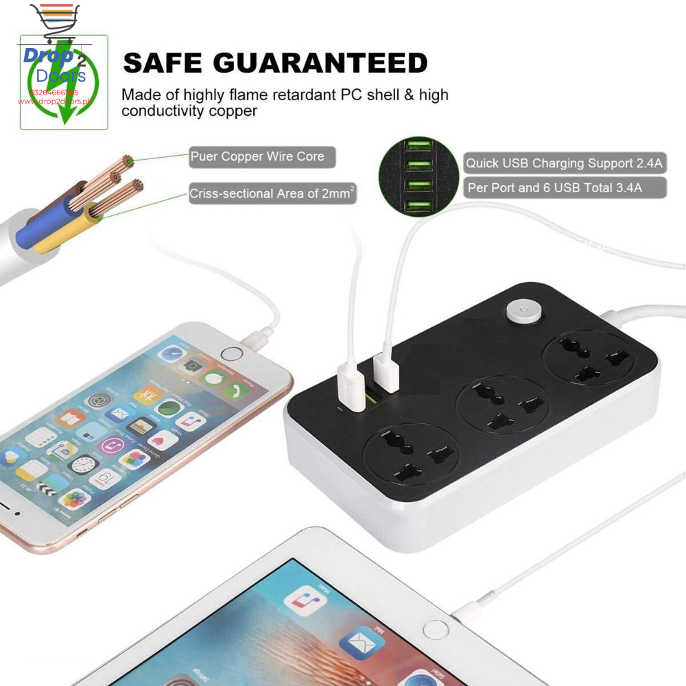 2500W 3.4A Power Socket With 3 Anti-Static AC Sockets And 6 Intelligent USB Charging Ports