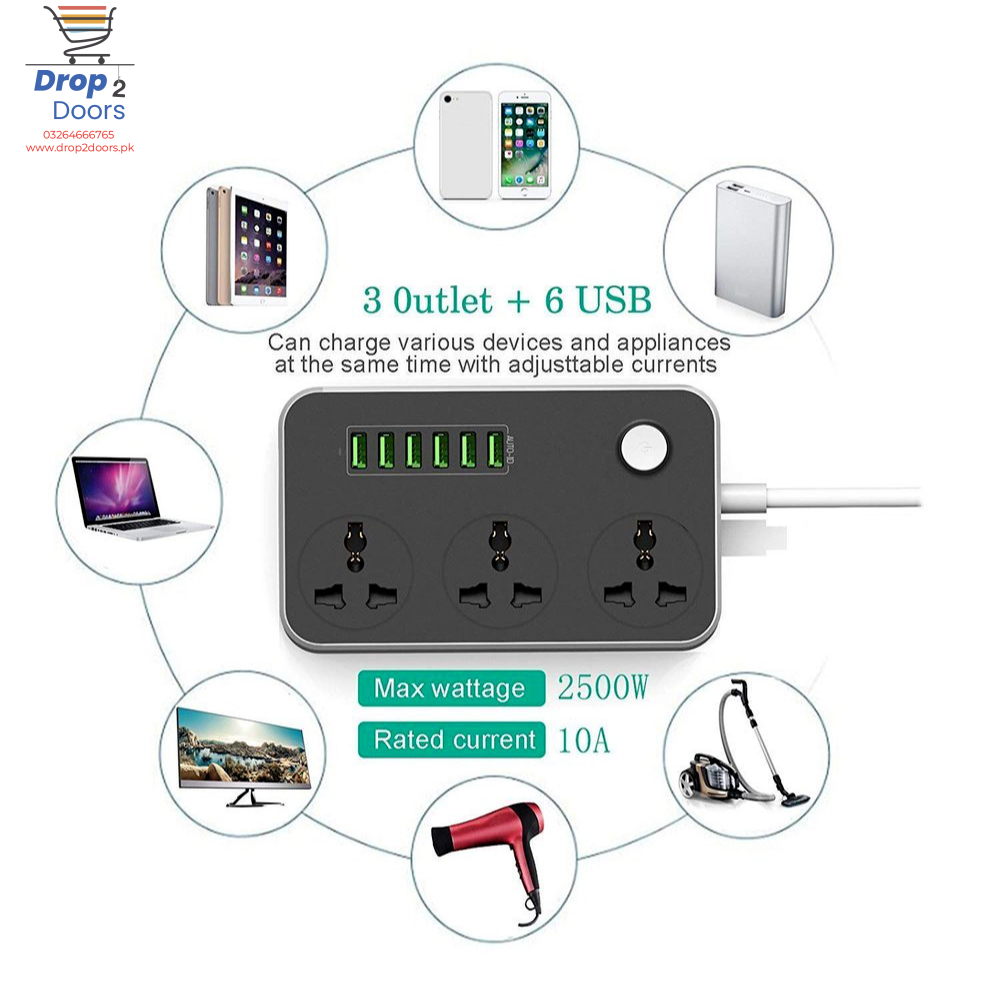 2500W 3.4A Power Socket With 3 Anti-Static AC Sockets And 6 Intelligent USB Charging Ports