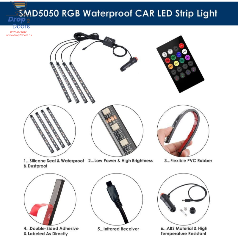 4 PCs Remote Control RGB LED Music Strip Lights For Car Interior